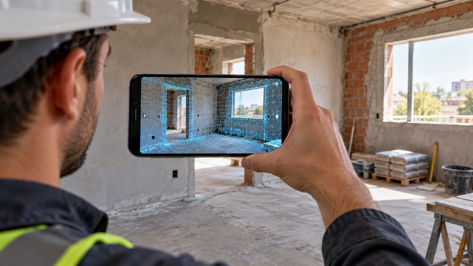 LiDAR na engenharia: engenheiro aponta o celular para um ambiente em reforma e a planta 3D aparece na tela