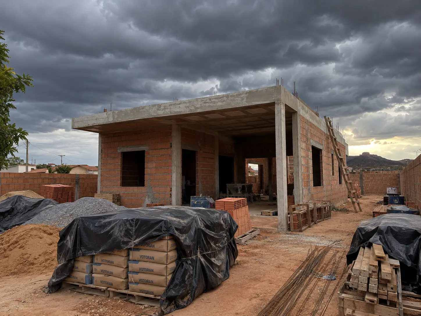 Obra residencial em andamento com céu nublado ao fundo, materiais cobertos com lona e laje já concretada