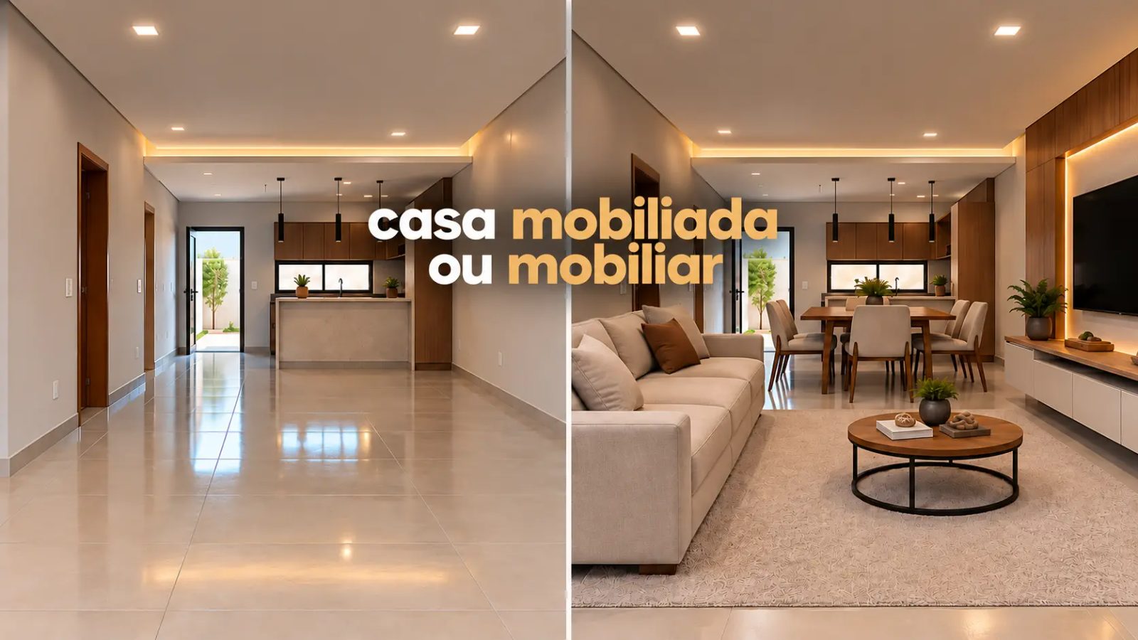 Sala de estar de casa nova em Irecê com sofá, rack planejado e iluminação embutida, vista de frente