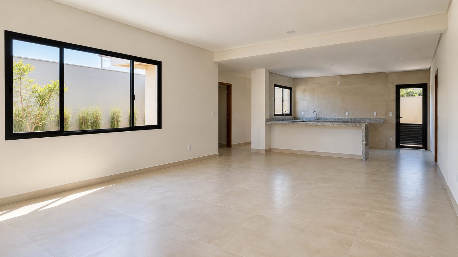 Sala e cozinha integradas de casa nova, vazias, com piso claro e boa iluminação natural