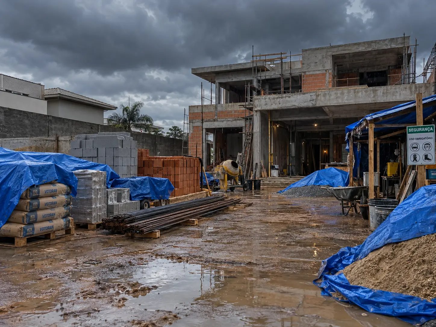 Obra residencial, materiais protegidos por lona durante período de chuvas