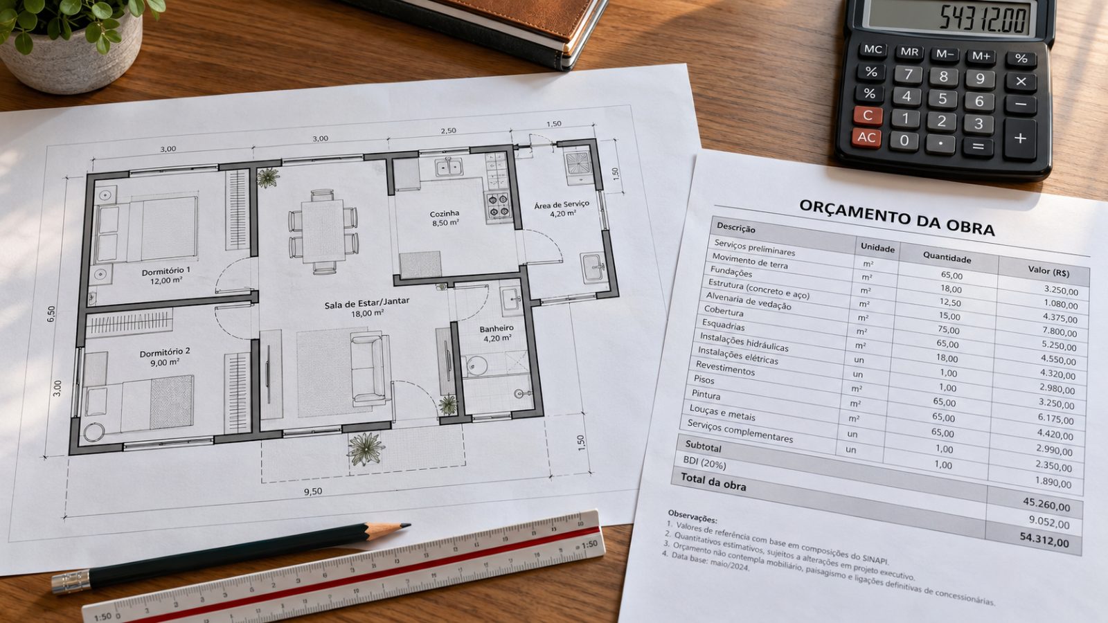 Planta baixa de casa térrea aberta sobre a mesa ao lado de calculadora e orçamento impresso